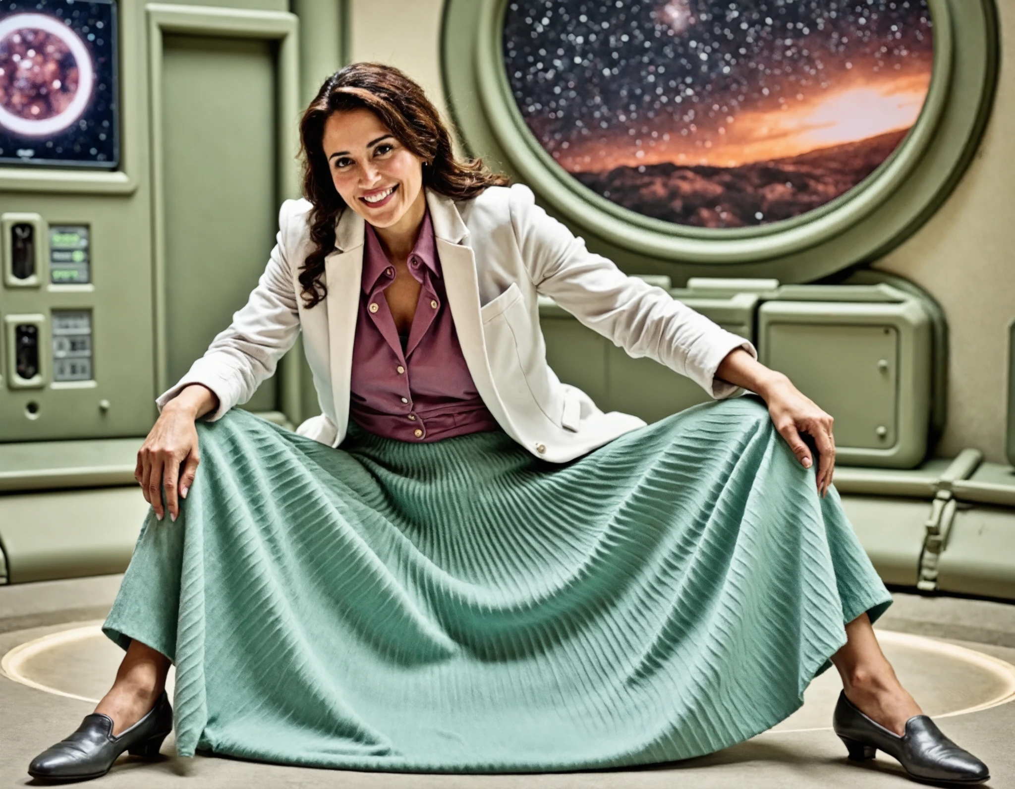 Soft focus captures a vintage aesthetic on 35mm film, reminiscent of Portra400 or Vision3 200T/500T. In a spaceship office, a compassionate therapist sits surrounded by starry cosmos through large windows. Her long, pleated skirt, showing her maternal affection for you, flows elegantly around her legs as she wears a uniform jacket over a blouse. Modest low-heel shoes and glasses complete her outfit. Has long curly hair, which she fashions into a single braid. Gentle features on her beautiful, mature, feminine face beam with a warm smile as she flirtatiously lifts her skirt, inviting intimacy and comfort. The metallic spaceship interior is illuminated by warm light and a hint of moonlight, emphasizing the therapist's charming pose.