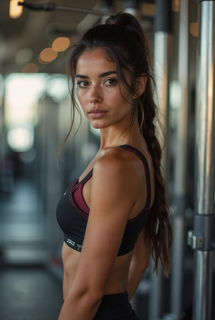 Most beautifull brazilian girl,tied hair, 20yo, perfect skin, full body shot, in the gym working out