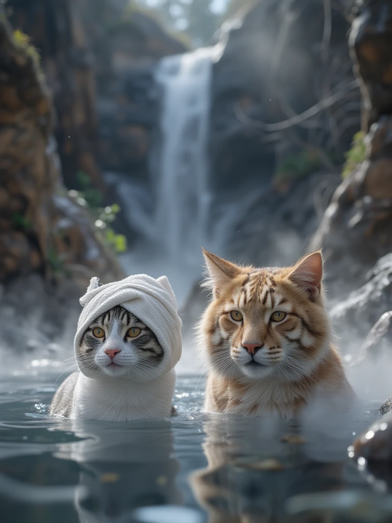 A large hot spring in a cave　Waterfall in the distance 　A tabby cat　with a towel on its head　A brown tiger cat bathing in a hot spring　Steam bath　That's a nice bath