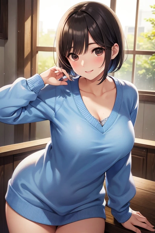 master-piece, bestquality, 1girls,16 years old, View viewers from front, HD, slight smile, big tits, cleavage, tights cloth, , tiny body, leaning forward, outdoor, mountain, wear glasses, under tits cleavage, look down, sweater, hands on kneels, stand up,