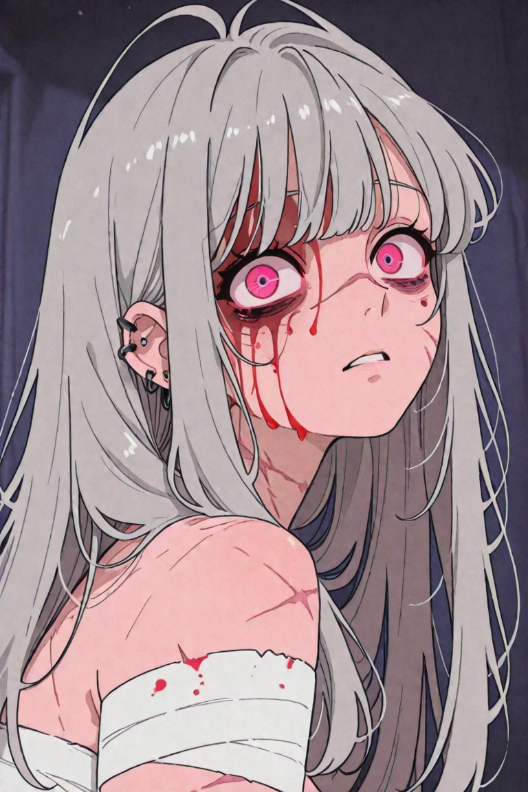 1girl, white long hair, green eyes, green pijamas, blood, scary, tears, black room background, night,