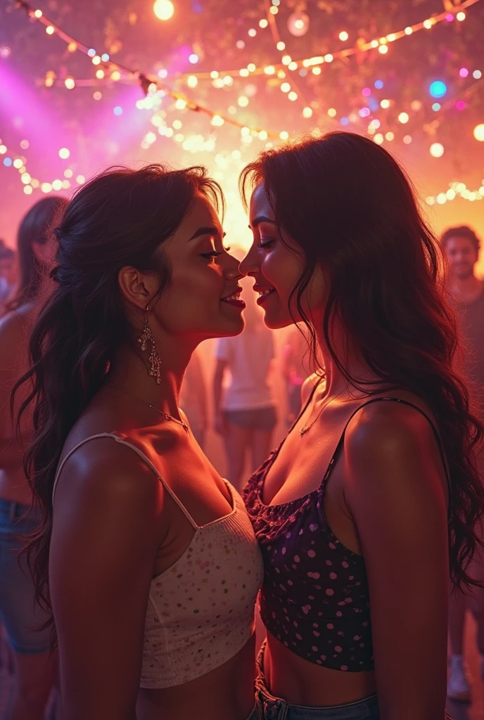 Capture a photorealistic, hyper-detailed image of 2 girls together in a single frame, 18 years old, (kissing:1.2), smiling, Dark hair, choker, shag_cut hair, (big breasts:1.3), curvy russian women in a mini floral dress at a rave party in greece. Realistic skin texture.  Use ambient street lighting to create vintage shadows. evening. Export in RAW with a 'vintage elegance' Instagram LUT