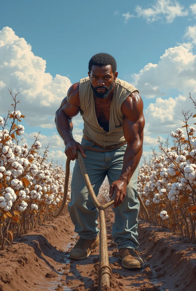 a former slave turned bare-knuckle boxer from the 19th century, depicted shirtless with a strong physique, no gloves, wearing old-fashioned trousers, in a fighting pose with fists up, and a background featuring cotton fields