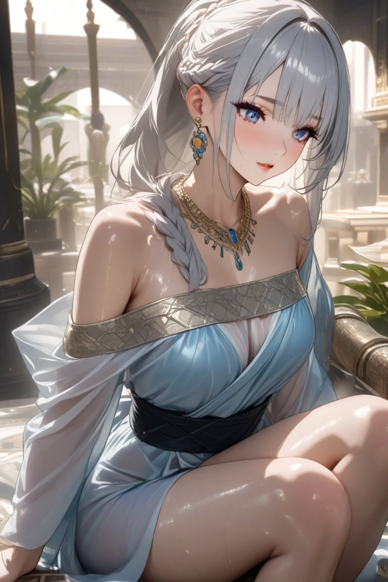 1 girl, Solo, Happy New Year, First visit, (Visit), Shrine in the background, Wearing a white kimono, cleavage, Beautiful silver hair, hair arrange, Beautiful white eyes, 🤍, Beautiful brooch, Pink lips, (white fluff around the neck), sandals on feet,