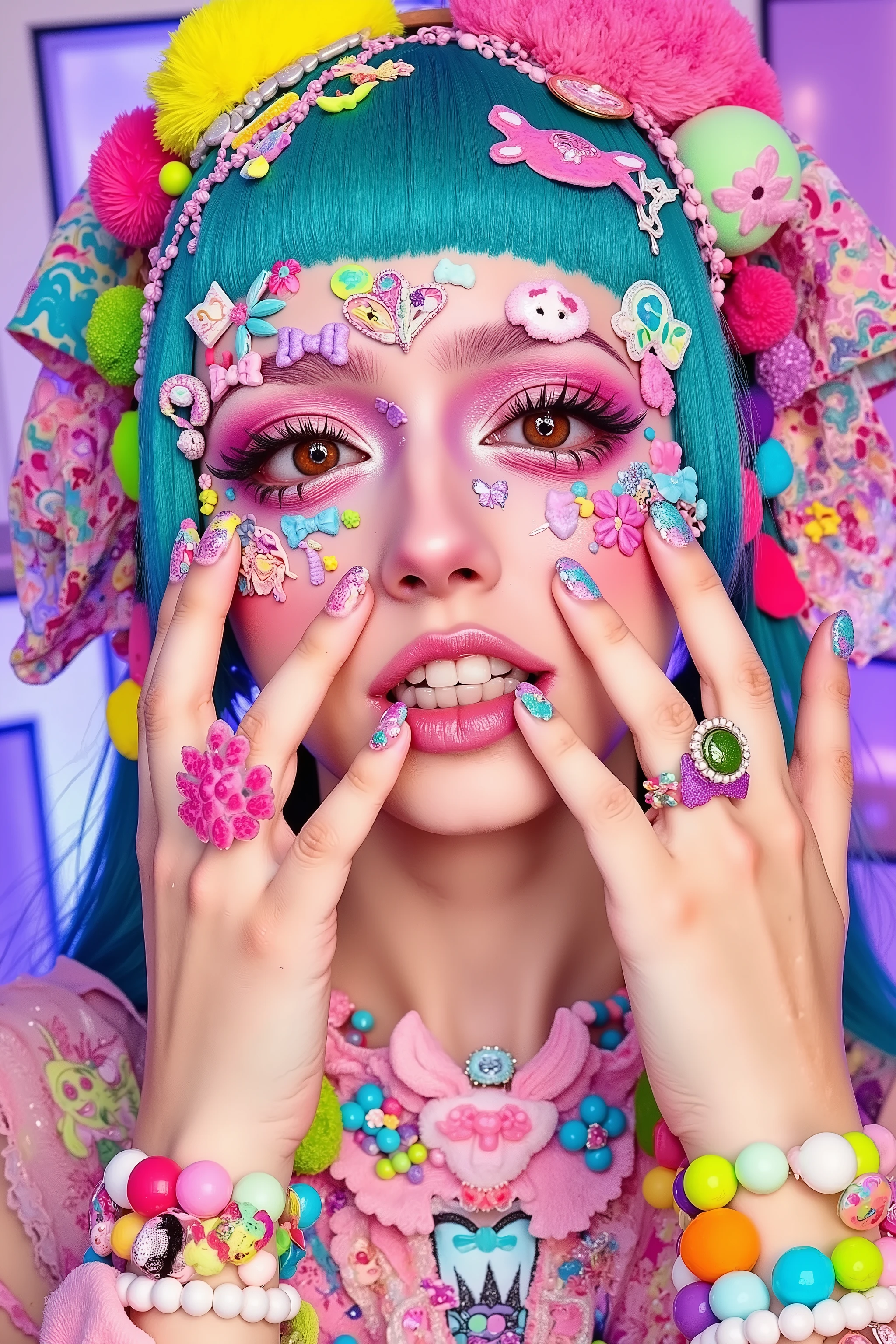 1 girl,decora,beautiful face,smile,heavy makeup, face shot,pop,artist photoshoot,decora background