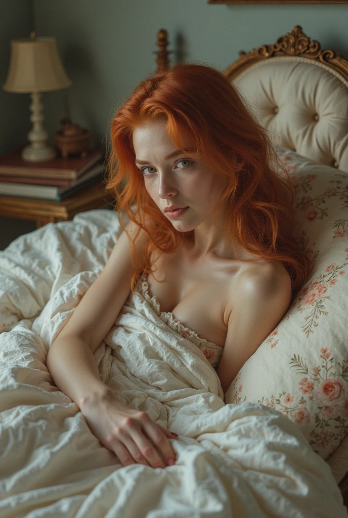 (Danielle Rose Russell, adult redhead girl, naked, White skin), (naked, naked:1.8), (unclothed),(long, messy hair, hair floating in the wind:1.6), blue eyes, detailed eyes, detailed lips, (naked, sensual, Whole body:1.5), (photo from different angles:1.5), (lies in an impressive gothic bed:1.6), ray tracing, (Best Quality, 4k, 8k, High resolution, masterpiece:1.2), Very detailed, (realist , photorealist, photorealist :1.37), HdR, HD, masterpiece, professional, vivid colors, bokeh, studio lighting