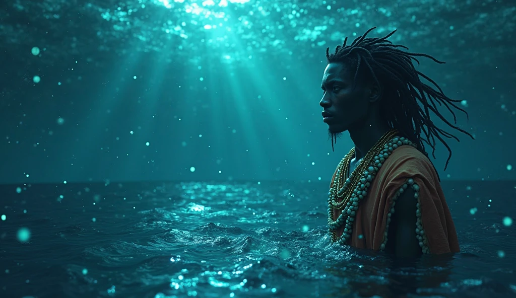 Depict Atum emerging from the chaotic waters of Nun in Egyptian mythology. Atum is a mature male figure, with smooth golden-brown skin and piercing dark amber eyes. His hair is short, curly, and black, with hints of gray. His face reflects wisdom and solitude, with sharp features and a strong jawline. Atum is adorned in a simple white kilt and a golden crown, his skin glowing faintly in the dim light. The background features the chaotic, dark waters of Nun swirling around him, with the first light breaking through the darkness. Use masterpiece, best quality, CG, wallpaper, HDR, high quality, ultra detailed face, cinematic, high detail, 8k, raw, high, artstation HQ, unreal engine, octane renderer, 4k resolution, hyperrealistic, highly detailed, and absurdres settings