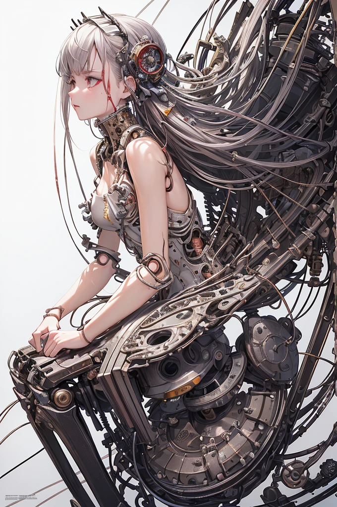 (Masterpiece, Top Quality, Best Quality, Official Art, Beautiful Indulgence: 1.2), (1 Girl: 1.3), Very Detailed, Colorful, Supreme Detail ((Ultra Detailed)), (Highly Detailed CG Illustration), (Very Delicate and Beautiful)), (From the Side), Cinematic Light, (1 Machine Girl)), Solo, Full Body, (Mechanical Joints: 1.2), ((Mechanical limbs)), (Blood vessels connected to tubes), ( Mechanical vertebrae attached to the back), ((Mechanical cervical vertebrae attached to the neck)), expressionless, (Wires and cables attached to the neck: 1.2), (Head wires and cables: 1.2) (Character focus), (Lower body integrated with mechanical devices), Science fiction, White background, (Blood: 1.5), cruelty, absurdity, erotic rotesque, fusion with machines