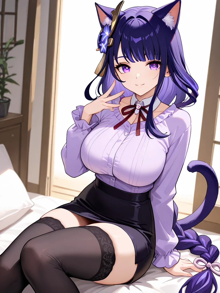 1girl, solo, cowboy shot, sitting, indoors, castle, okayufancy, cleavage cutout, white shirt, suspenders, black shorts, beret, cat tail, striped tail, [streaked hair], :\3