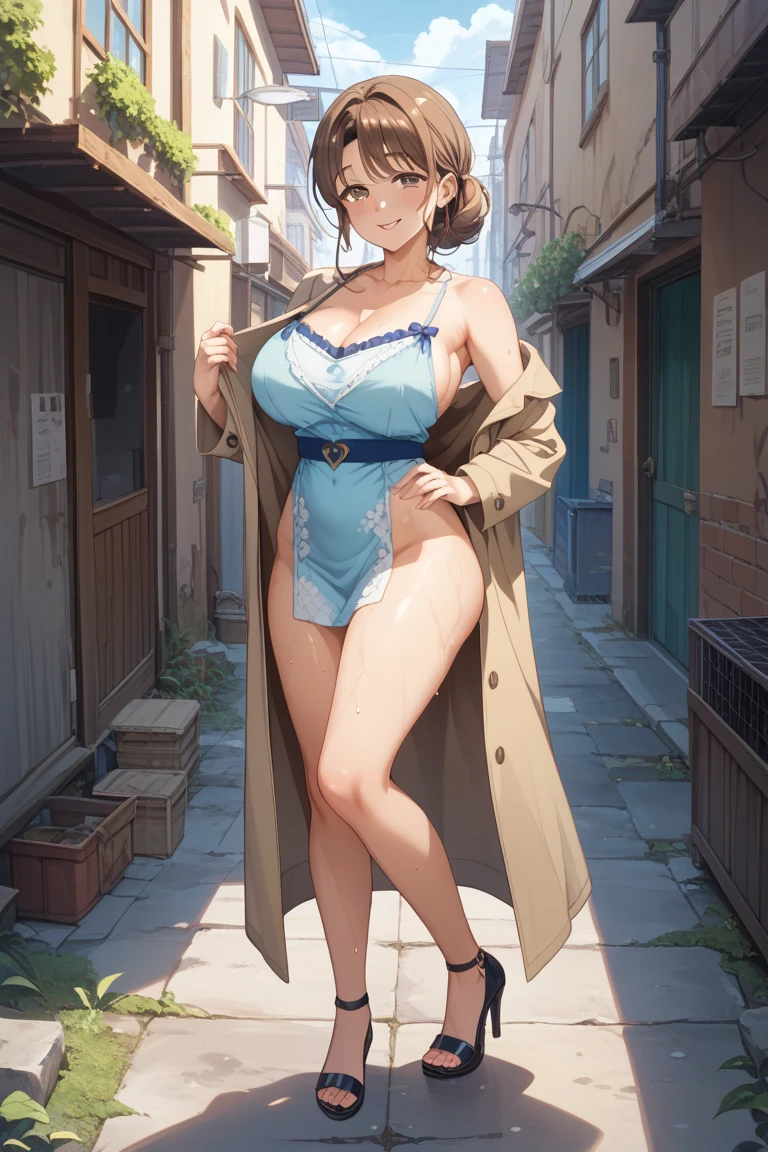 (top-quality, masterpiece: 1.3), youthful: 1, Sexy: 1.5, Bob, brunette hair: 1.3, (body dripping wet: 1.2), Beautiful, cleavage, higly detailed face, Detailed Lips, detailed eyes, 二重まぶた, Sexy, smile, beautiful legs, There are hairy clitoris, Stand naked