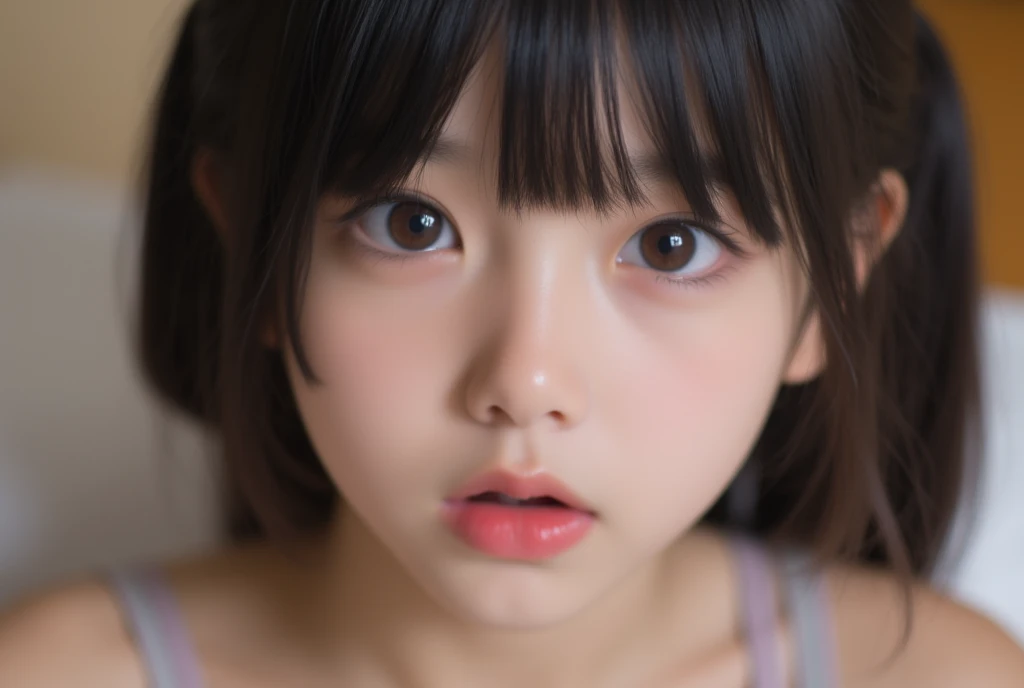  Looking straight ahead and glaring angrily, White background, Lift your eyes up, Ultra HD、128ｋ、Masterpiece、A kindergarten girl、 clavicle, RAW Photo、A girl with big eyes wearing light pink clothes、Long face, Professional Lighting、Japanese anime style,