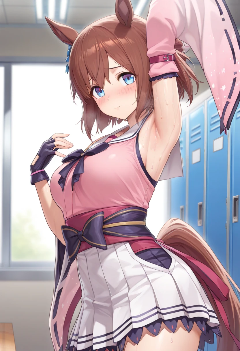 Browsing Caution, , Pull up the dress,Revealing clothing,Uma Musume,Nishino Flower,short hair,Red headband,Beautiful purple eyes,Purple and yellow dress,ribbon,,,Curvaceous,garden,smile with open mouth,blush,Embarrassed face,Small breasts,smile,Skirt Lift, ,((panties))