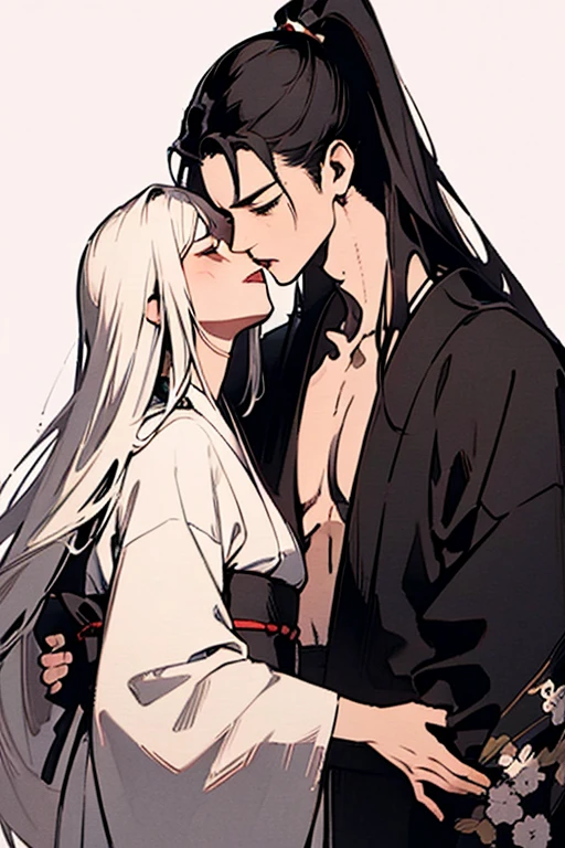 2guys, kiss, embrace, romantic, up to the knees, lying on the bed, morning awakening, tenderness
1guy, white hair, ((long hair)), open forehead, (pale skin), blue eyes, black robe, bare shoulders, bare chest, smile on the kiss, makeup, ((male breast))
1guy, pale skin, black hair, long hair, curly hair, blue eyes, white robe, open chest, ((male breast))