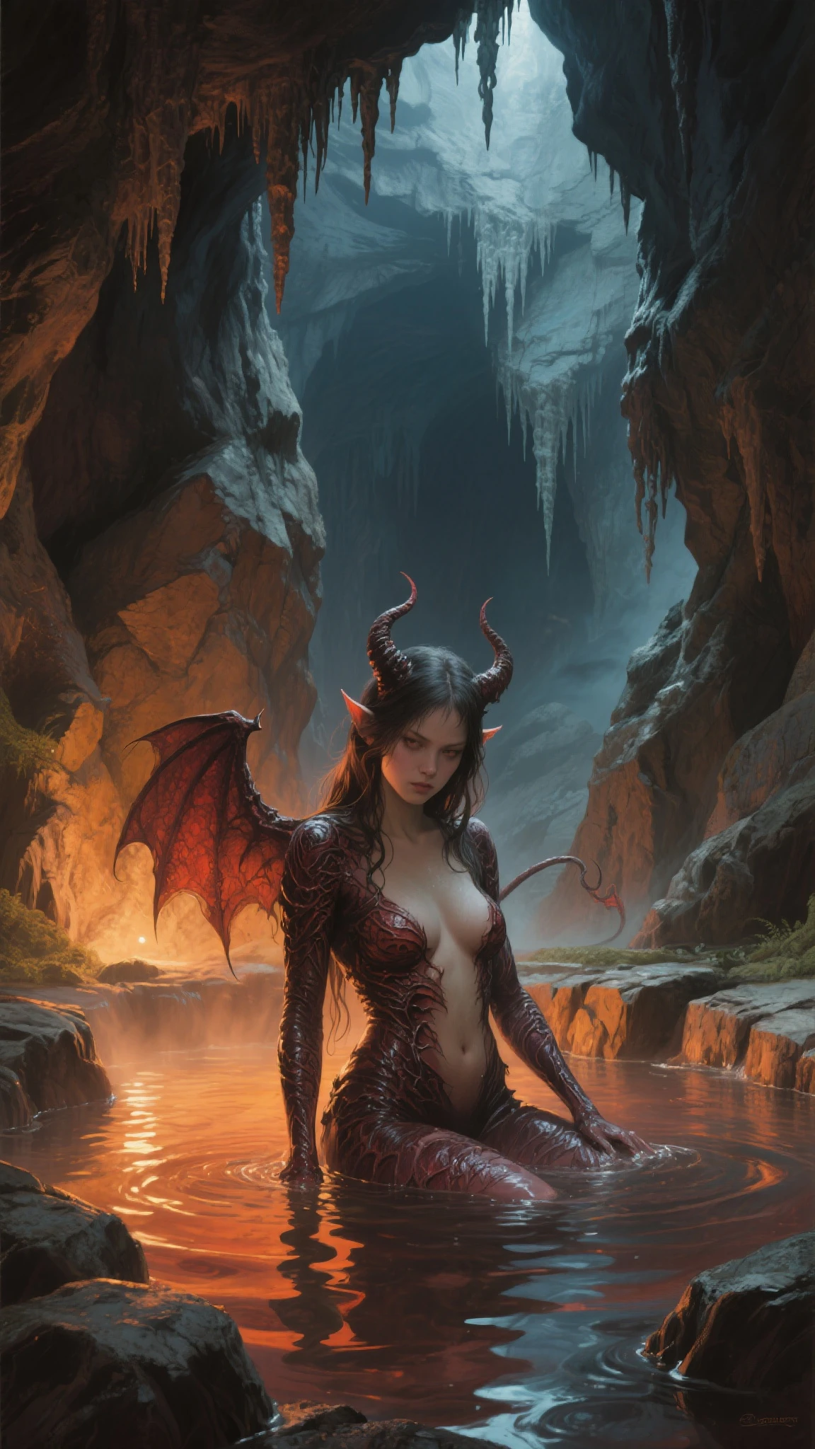 Lilith's descent over the red waters of the sea. Unique style of D14bl0, extremely detailed and high quality, 8k, cinematic