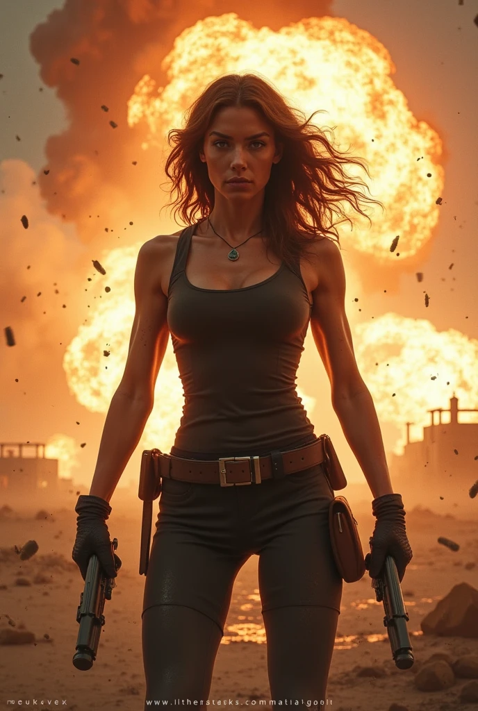 (full body shot:1) photorealistic image of a (running pose:1) woman, ultrarealistic, photography, long red hair, woman, 2, hourglass figure, perfect body, Flirty look, natural medium breasts, blur background, Full body picture, Lara Croft costume with slightly shiny tanned skin dressed in a Lara Croft outfit, with a very ripped and torn blouse with a plunging neckline, pushed down over her right shoulder; stands in a dark room lit with flickering torches on the inside of a large Egyptian pyramid. Her skin and clothes are dirty with mud. A large dark menacing shadow moves in the background. She is sprinting from a fierce roaring tiger, wide angle, wide shot, action shot, from the side