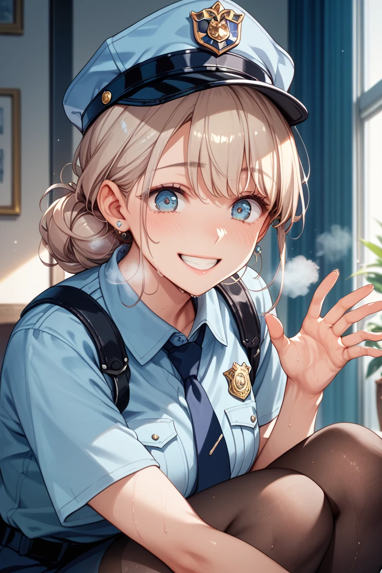 Beautiful illustration, best quality, cute girl, ((In an alley)), pastel color, natural tones, ((Cute police officer)), ((Looking at viewer)), ((Slim body)), ((Cute police uniform)), ((Police cap)), (Blush), bright lighting, ((Big eyes)), ((Open mouth)), ((Anger)), ((Perfect hands))