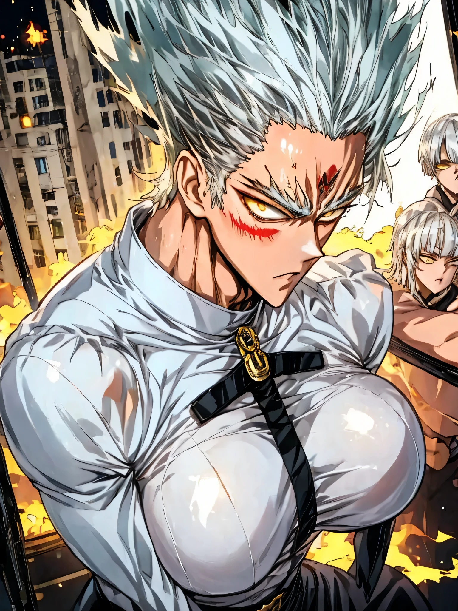 Outrageous resolution、​masterpiece++、top-quality++、ultra-definition++、ultra-definition++、4K++、8K++、from side、（Background Focus）++、（（1）））+++A woman in sexy clothes stands ready for battle on the battlefield destroying a city. a muscular, big-breasted, dark-skinned, silver-haired, short-haired mature woman in a black jacket wears a thimble glove and is covered in flames.、Rune is a muscular mature woman with big breasts, brown skin, and short silver hair, wearing a black jacket and wearing a thimble glove, wearing a black jacket and ready for battle.、a muscular mature woman with big breasts, brown skin, and short silver hair, wearing a black jacket and wearing a thimble glove, is in a battle stance and is surrounded by magic.、a muscular mature woman with big breasts, brown skin, and short silver hair wears a black jacket and flies above the ground in a fighting stance, wearing thimble gloves and wearing flames.、a muscular, big-breasted dark-skinned, short-haired, silver-haired mature woman wearing a black jacket and wearing a thimble glove is wearing a flame.、a muscular, big-breasted, dark-skinned, silver-haired, short-haired mature woman wearing a black jacket and wearing a thimble glove is wearing a thimble glove and wearing a flame.、Detailed contemporary art、Contemporary Art Style、Break A beautiful modern battle ready muscular big breasted dark skinned silver haired short haired mature woman in a black jacket wears a thimble glove and is a witch wrapped in flames.、a muscular, big-breasted, brown-skinned, silver-haired, short-haired mature woman wearing a black jacket and wearing a thimble glove is a college student wearing a flame.、Contemporary Art Behans、a muscular mature woman with big breasts, brown skin, and short silver hair is wearing a black jacket in a fighting stance, and a high school student wearing thimble gloves and wearing flames.、a muscular mature woman with big breasts, brown skin, and short silver hair, wearing a black jacket and wearing a thimble g