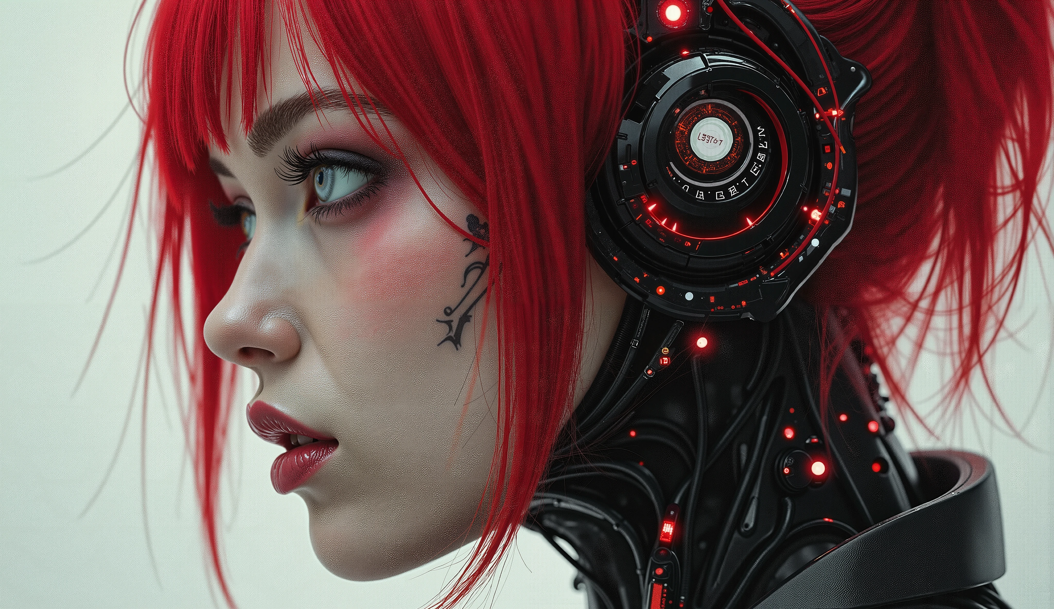 there is a woman with red hair and a black and red outfit, hyper-realistic cyberpunk style, ultrarealistic 8k, hyperrealistic, woman, angry gorgeous goddess, beautiful woman model, [foggy cityscape in the distance : very pretty girl, city:0.33] immersed in a giant flow of wind, living in a thunder cloud, behind the cloud, (double exposure:1.3), photo by Brandon Woelfelmist, surreal dream, gray atmosphere, rainy day, dynamic, lut, hdr