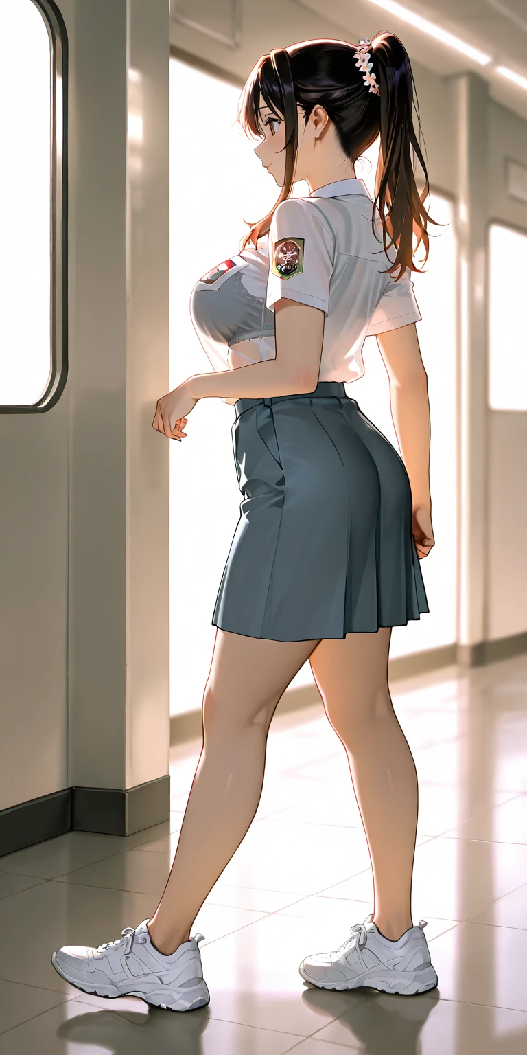 (masterpiece), best quality, perfect face, 1girl, mature woman, leaning forward, long grey hair, large breasts, hanging breasts, cleavage, narrow waist, ((stewardess)), ((ultra short skirt:1.2)), choker, very small shirt, pink skirt, tight skirt, full body, white high heels, garters, lace stockings,long and slender legs, beautiful legs,erotic