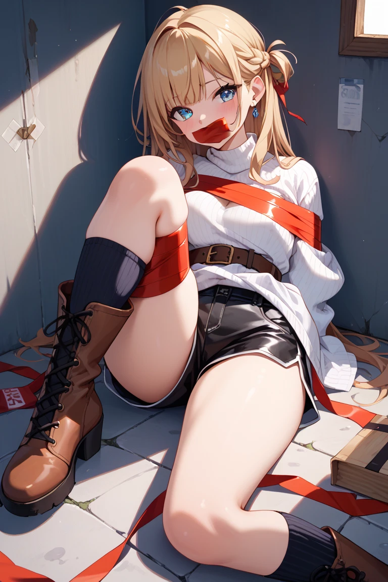 Shiny blond hair, very long hair, sophisticated haircut, ((((hair fully braided)))), ((small twisted braids)), thin and oval face, submissive, (((gagged))), ((((open denim jacket showing her breasts)))), cute and blushing 18 years old anime girl, look away because she is embarrassed and blushes, bright blue eyes, detailed face, detailed members, detailed arms, detailed hands, ((((sparkling diamond jewelry)))), tiara, ((makeup)), high heels, puffy sleeves, long gloves, long eyelashes, Girl lying, tied by ropes, shackled, can no longer move, tied tightly, very hard tied up with lots of ropes, hampered by so many ropes that she can no longer move, bound hands and feet, ropes tie his whole body, tied extremely tightly and forcefully to her bed by a lot of ropes, its limbs are strongly tied together by ropes, his torso is tied up with thick cords, her chest is so tied up with ropes that it sticks out, her legs are tied tightly with thick ropes, his hands are tied behind his back with ropes, she can no longer move her feet, her hands which are tied by thick ropes, she desperately tries to free herself, likes to be tied tight with big ropes, likes to be immobilized by big ropes, lying down, his hands and feet are strongly tied to the railing of his bed, his legs are pressed together and tied with ropes, its limbs are held vigorously by imposing ropes, her hands are tied securely behind her back by ropes, her chest is compressed by strong ropes, she is pressed against her bed and restrained by large ropes (shibari, arms behind the back:1.4), (hands on the back), (masterpiece, best quality) 1.5, 1girl, solo, (sexy, beautiful woman, perfect face, perfect eyes, perfect hands), samus aran, (shibari, arms behind the back:1.4), (hands on the back), Spread the legs, s' ((lie in bed by big ropes)), ((close up of the girl)), ((((lie in bed))))