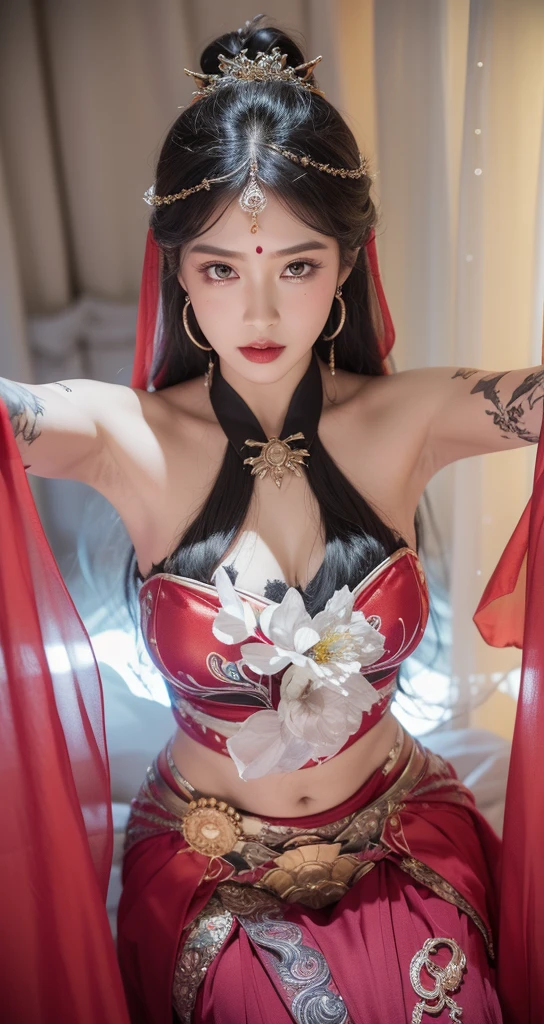 ((knee shot)), red lips, a mature woman, Exquisite makeup, ethnic style, lifelike、real picture、((realistically:1.5))、White phalaenopsis around hair,Lilac dendrobium、White Lily、1 girl、brown hair、flowing hair、plump breasts, Slim, Slender sexy legs, Charming legs, strike an elegant pose, Have extremely beautiful facial features、hairpins on head、perfect hands、(night、moon、cliff)、 vector art、Chinese contemporary art、soft light、look down
