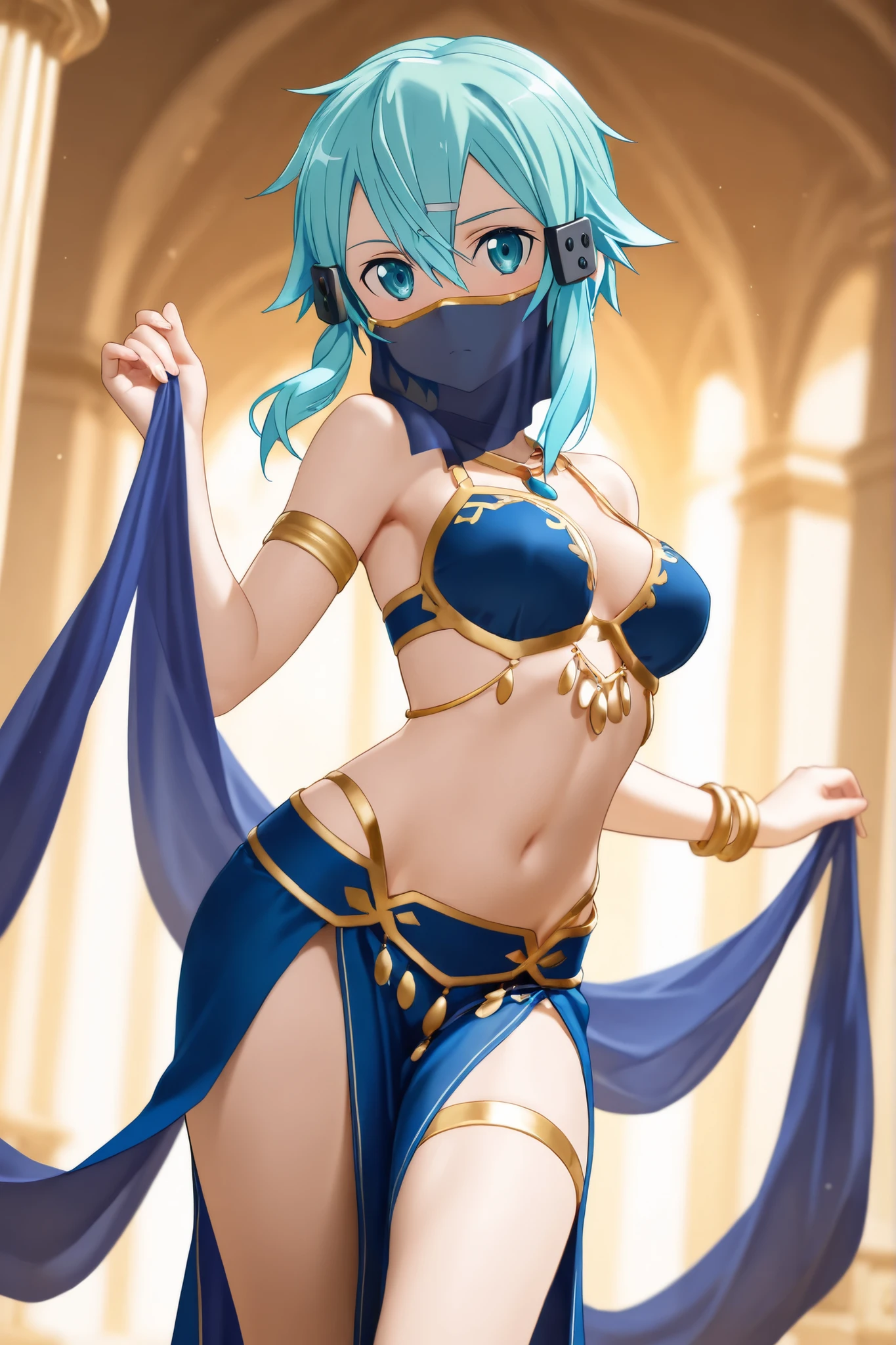 Chun-Li wears a blue turban headdress and a green belly dance skirt with a veil covering her entire face