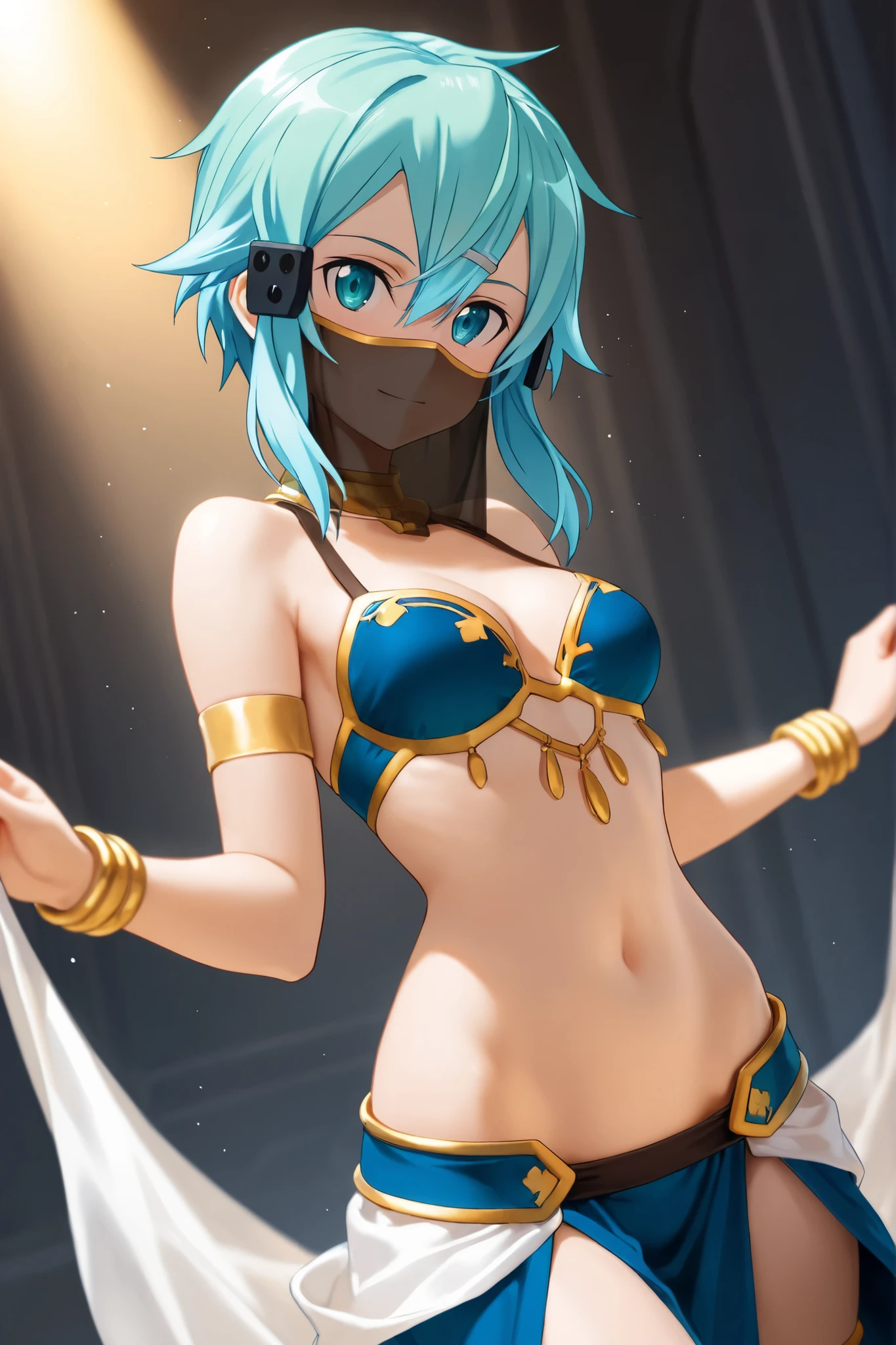NSFW,Hololive,Hoshimachi Suisei、blue eyes、Blue Hair、choker、Hair between the eyeedium Hair、Side Ponytail、スターchoker,Small breasts,Dancer,(Belly dance:1.7),dress,(Face Veil:1.7),Tavern,(Perfect hands),(Perfect Anatomy),(masterpiece),(highest quality)
