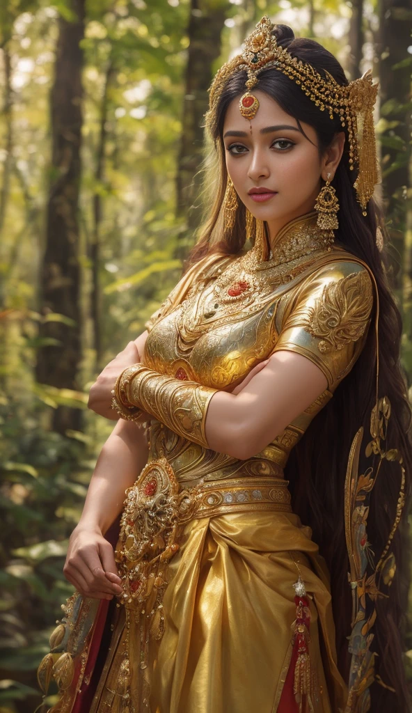 Create a hyper-realistic depiction of Cambodia's Bayon Temple, The girl wear a yellow cloth, ride on tiger, capturing its grand scale and intricate carvings under a moonlit sky. Nearby, a stunning Thai woman clear face focus HD camera appears as an immortal, dressed in traditional attire. She wears a read golden headdress, detailed armor, and a patterned sarong, exuding regal elegance and divine grace. Beside her seat the mythical Naga Raja, the Serpent King of Sacred Rivers. The cobra’s shimmering scales reflect emerald, black, and gold tones, with mandala-like patterns glowing softly on its hood, symbolizing enlightenment. Its movements are smooth, each scale catching rainbow hues like polished gemstones. The cobra’s hood is adorned with a golden jewel resembling a third eye, radiating divine wisdom. Its glowing sapphire eyes and calm power complement the luminous staff it coils around, topped with a crystal orb mirroring the sacred river. Tiny golden anklets on its tail jingle as it moves gracefully. The background is a mystical blend of Cambodia’s natural beauty: the serpent rises from a sacred river surrounded by lush vegetation, majestic mountains, and the grandeur of Angkor Wat. The moonlight casts an ethereal glow over the scene, creating a balance between mythology and the historical splendor of Khmer culture. She look at camera.