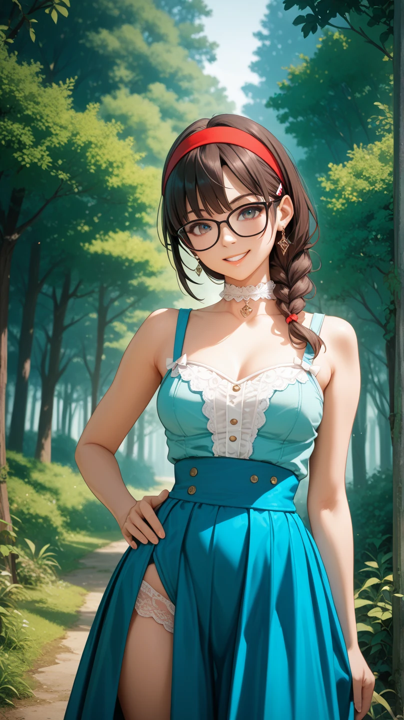 (High quality, High resolution, Fine details), standing in a lush garden, surrounded by colorful flowers and tall trees, sunlight filtering through the leaves, casting a warm and gentle glow, Light blue dress with superb lace work, solo, curvy women, beautiful braided light brown hair, large round glasses, sparkling eyes, (Detailed eyes:1.2), smile, blush, Sweat, Oily skin, warm tones, lighting is soft, shallow depth of field
