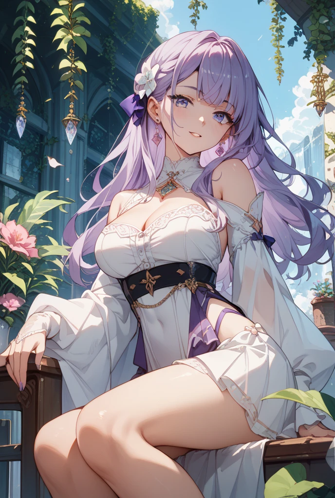 1 girl,high resolution,  high quality,  masterpiece, mxmk white dress,  bare shoulders, purple eyes, white dress, braid