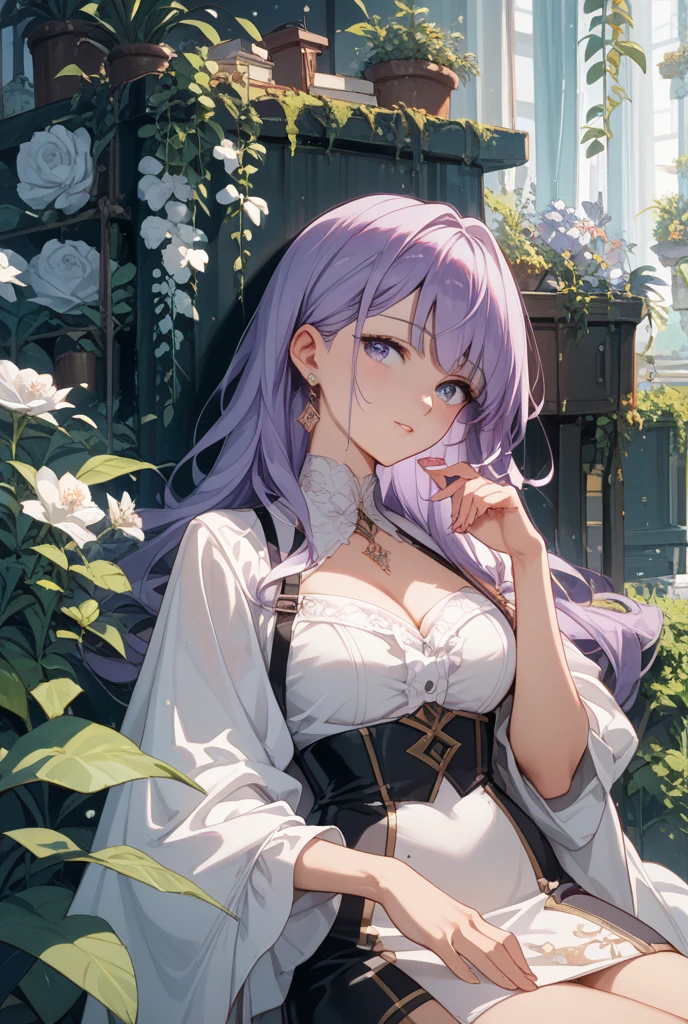 ((highest quality)),(ultra high resolution),(Super detailed),(detailed description),((best CG)),(best work of art),super precision art,amazing drawing art,(Fashion art with precise details:1.5), (adult women:1.6),(beautiful and well-shaped face:1.5),(I smile at you while resting my chin on my back:1.7),(mysterious iris:1.6),(Semi-long straight with precise and detailed description:1.6),(light pink blouse:1.7),earrings, Antique table:1.4,beautiful design vase