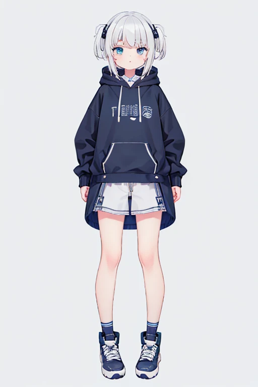 ((masterpiece)),(((Highest quality))),((Character design sheet)), Thin thighs,Long legs,18 year old Japanese girl, Cute type,The best smile:1.5，white long hoodie:1.5, A glimpse of black panties:1.5，Very short hair ,  (Highly detailed skin), The background is gray，