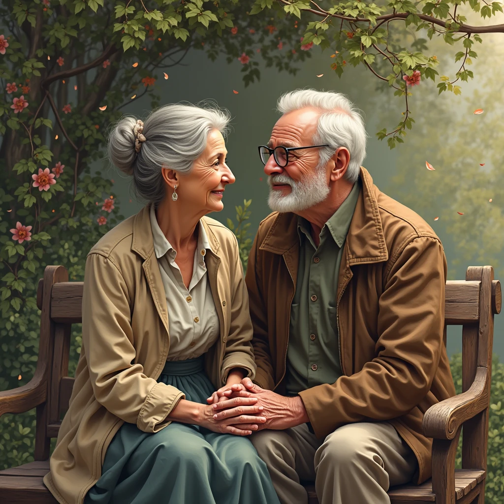 Nostalgic atmosphere、Park at dusk、Elderly couple sitting on bench、The season is autumn、High-detail images、Realistic texture