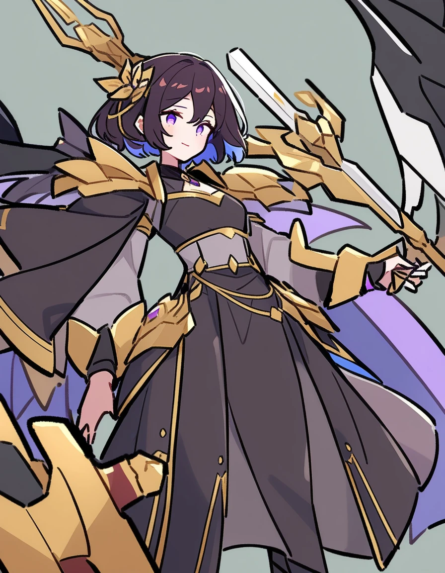 Garota de cabelo roxo escuro longo solto,medium boobs and medium body, usando um vestido roxo solto, holding a huge golden sword stuck in the ground,with a serious expression on his face
