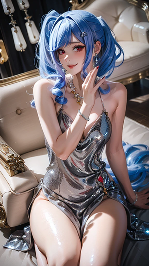 (((masterpiece, super high resolution, ultra HD, 8K quality))), (((woman in Platinum silver colored evening dress))), (((See-through revealing dress))), (((blue Hair))) (((right side pony tail hair))), (((wave hair))), (((beautiful sparkling red eyes, pupils with highlights))), ((long bangs)), pink lips, sexy expression, ((highly detailed)), (perfectly detailed face), (detailed and carefully drawn hands), (((very Big Tits, cute smile))), photorealistic image, silver tiara and earrings, pearl necklace, jade bangle, diamond ring, Beautiful figure from the knees up, standing, beautiful pose