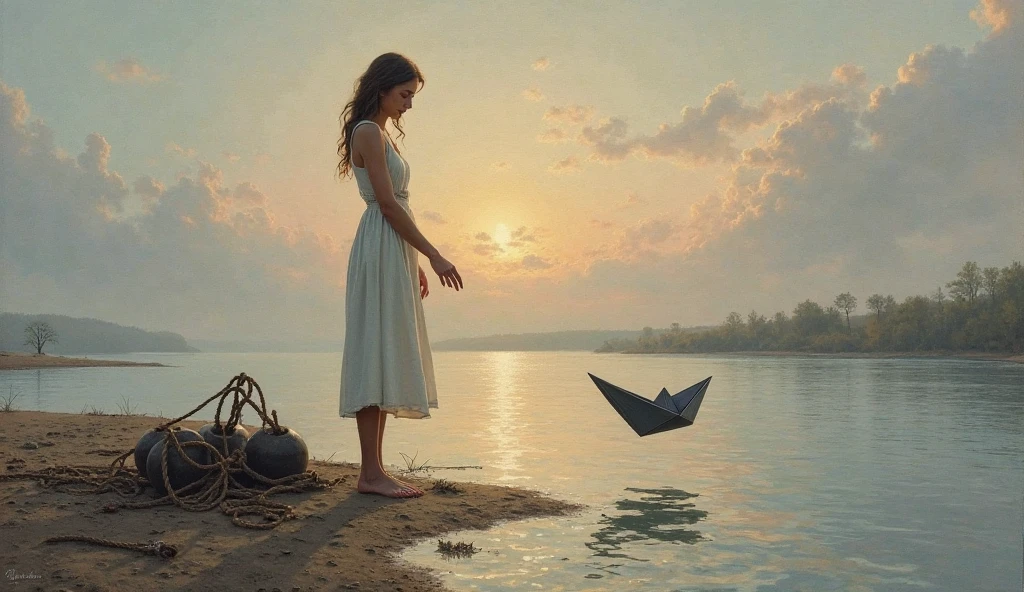 A photo of a woman in (white vintage dress:1.1), kneeling on a (floating suitcase:1.2) amidst turbulent sea waves, (stormy skies above:1.3), holding aloft a (glowing lantern:1.2), with (flying seagulls:1.1) nearby, (ominous clouds:1.2), (mysterious atmosphere:1.3), twilight hues, dynamic water textures, surreal scene, high-resolution, Canon EOS R5, 1/160s, f/3.5, ISO 400, (poignant isolation:1.2), conceptual art, RAW image,