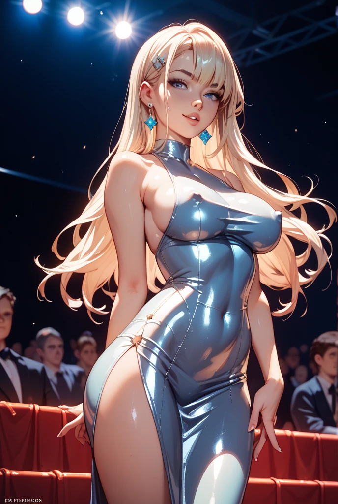 Unreal Engine 5 Realistic Rendering, cosplayer, Random Posing, Race Queen、Uniform with logo、 Exquisite beauty、Beautiful face, forehead, Body shape of slim model, Colossal tits, shiny, wet shiny body, short white hair, (((Dark brown skin beauty))), neons、Large crowds、audience、Forming an emperor、Drag racing、Midsommar Racing Circuit、racing car、Lower grade、Large crowds、Spectators、