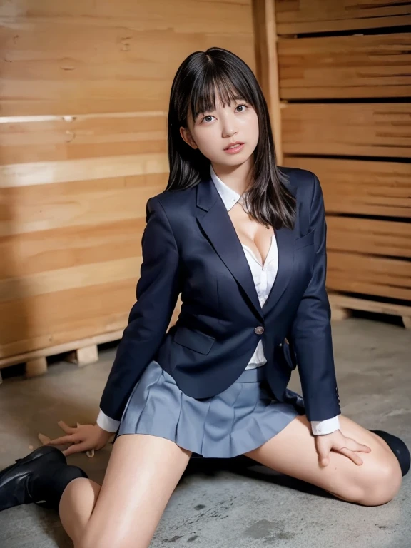 top-quality, masterpiece, 超A high resolution, (Photorealsitic: 1.4), ((sitting and spreading her legs))、Raw photo, concert hall、Kpop Idol、1girl in, long straight golden hair, shinny skin, wetbody, dramatic lighting, full body Esbian, bich, Blazer Uniform、Colossal tits、Opening Mouth、(Hands behind the head)、full body Esbian、high-heels、a choker