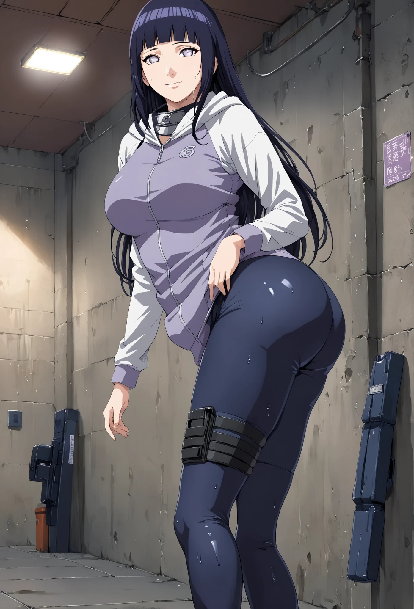 1girl, Hinata Hyuga, long hair, blunt bangs, dark blue hair, white eyes, konohagakure symbol, purple and white hooded jacket, big breasts, big butt, tight leggings, sweaty butt, sweaty leggings, smelly butt holster post-workout, hoodie, zipper, seductive smile, looking at viewer, (masterpiece, best quality, Professional, perfect composition, very aesthetic, absurdres, ultra-detailed, intricate details:1.3)