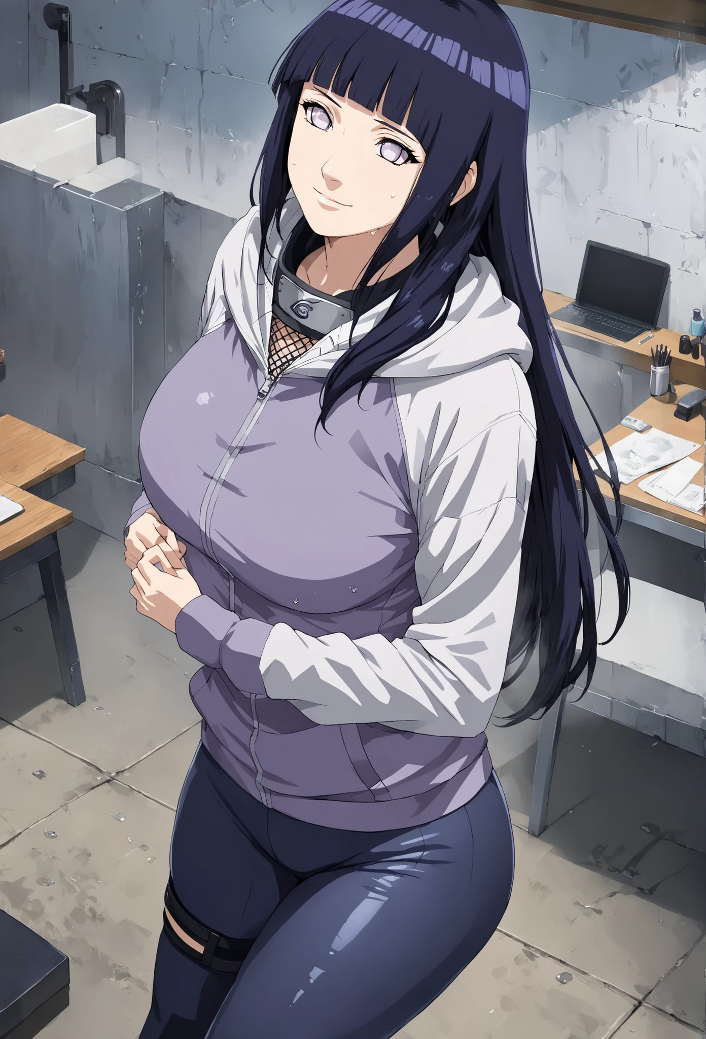 1girl, Hinata Hyuga, long hair, blunt bangs, dark blue hair, white eyes, konohagakure symbol, purple and white hooded jacket, big breasts, big butt, tight leggings, sweaty butt, sweaty leggings, smelly butt holster post-workout, hoodie, zipper, seductive smile, looking at viewer, (masterpiece, best quality, Professional, perfect composition, very aesthetic, absurdres, ultra-detailed, intricate details:1.3)