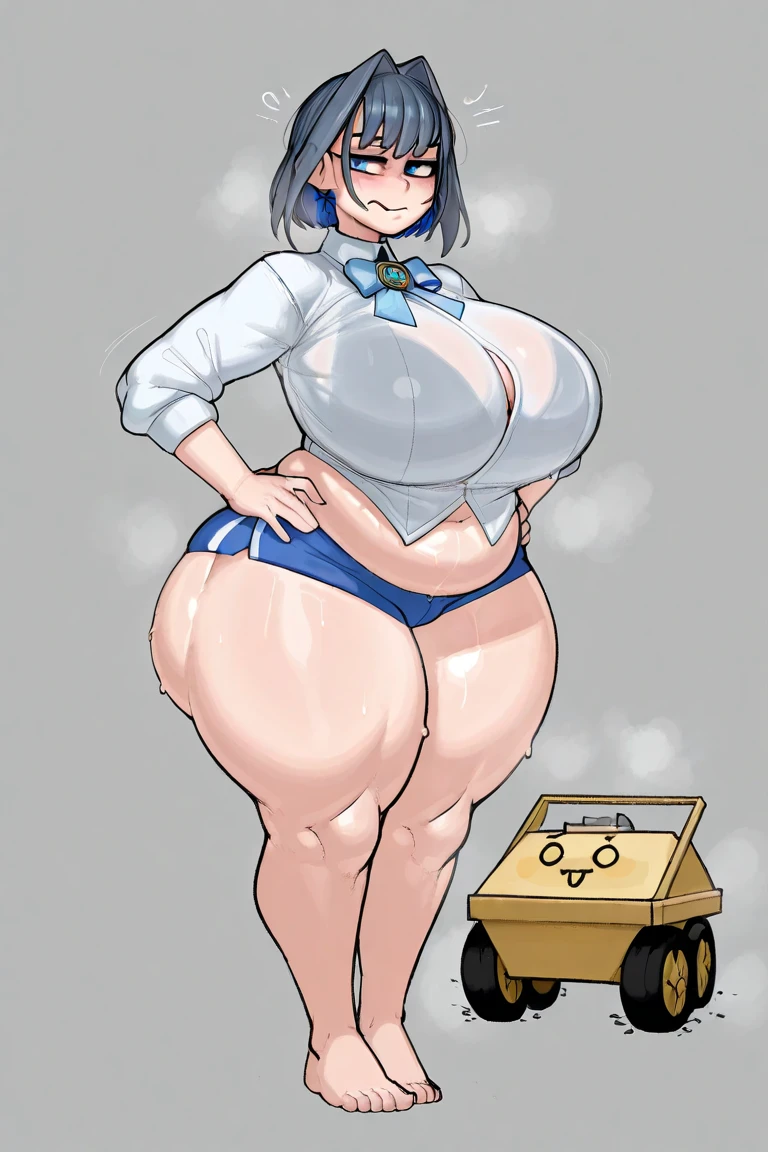 masterpiece, best quality, ultra-detailed, Potrait of beautiful , (chubby) (muscular), (plump), (sexly), (cleavage), (Breasts), (Plump), ((very short hair)), ((Uzaki Hana)), (overweight), (Gray Hair), ((Saggy breasts)), (blue eyes), (Short Hair), (blue eyes), ((thick)), (school uniform), (fullbody), (naughty smile), (Canine teeth visible)
