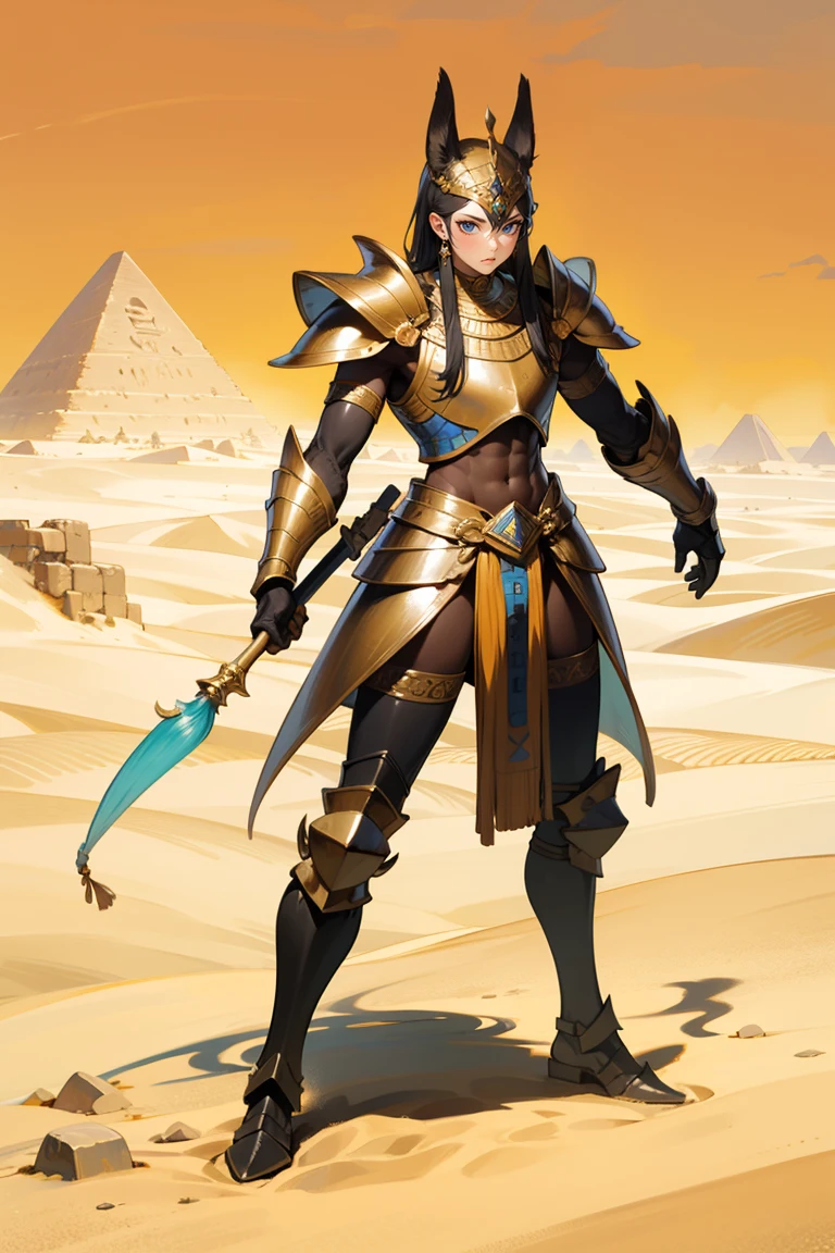 stylized style, Overwatch style female character concept, full body back and front view, robot detailed face with round eyes, Egypt theme, body covered with armor