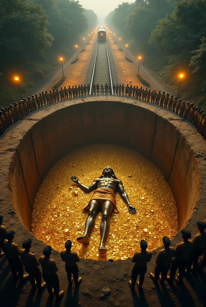 "Picture a scene where Lord Shiva, cast in a rich gold color, is resting on his side next to a railway track, with an array of golden bricks scattered around, creating a surreal and sacred tableau. And police are investigating the matter"