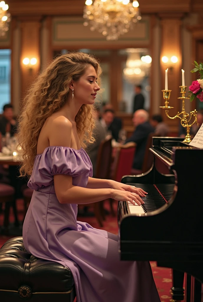 In a luxurious high-end steakhouse,There is a player grand piano with wooden accents and ornate chandeliers,A candlestick and a low pot of multi-colored flowers are placed on the piano。Customers enjoying delicious food,Waiters shuttle among them。A young female pianist is playing jazz,light smile,She has long blond curly hair,There is a sea on the forehead,She was wearing a pink off-the-shoulder evening gown,The surrounding air is filled with warm, cinematic tones,Shallow and deep field blurs elegantly compose images,Perfectly capturing the sophisticated ambience of this high-end dining venue。