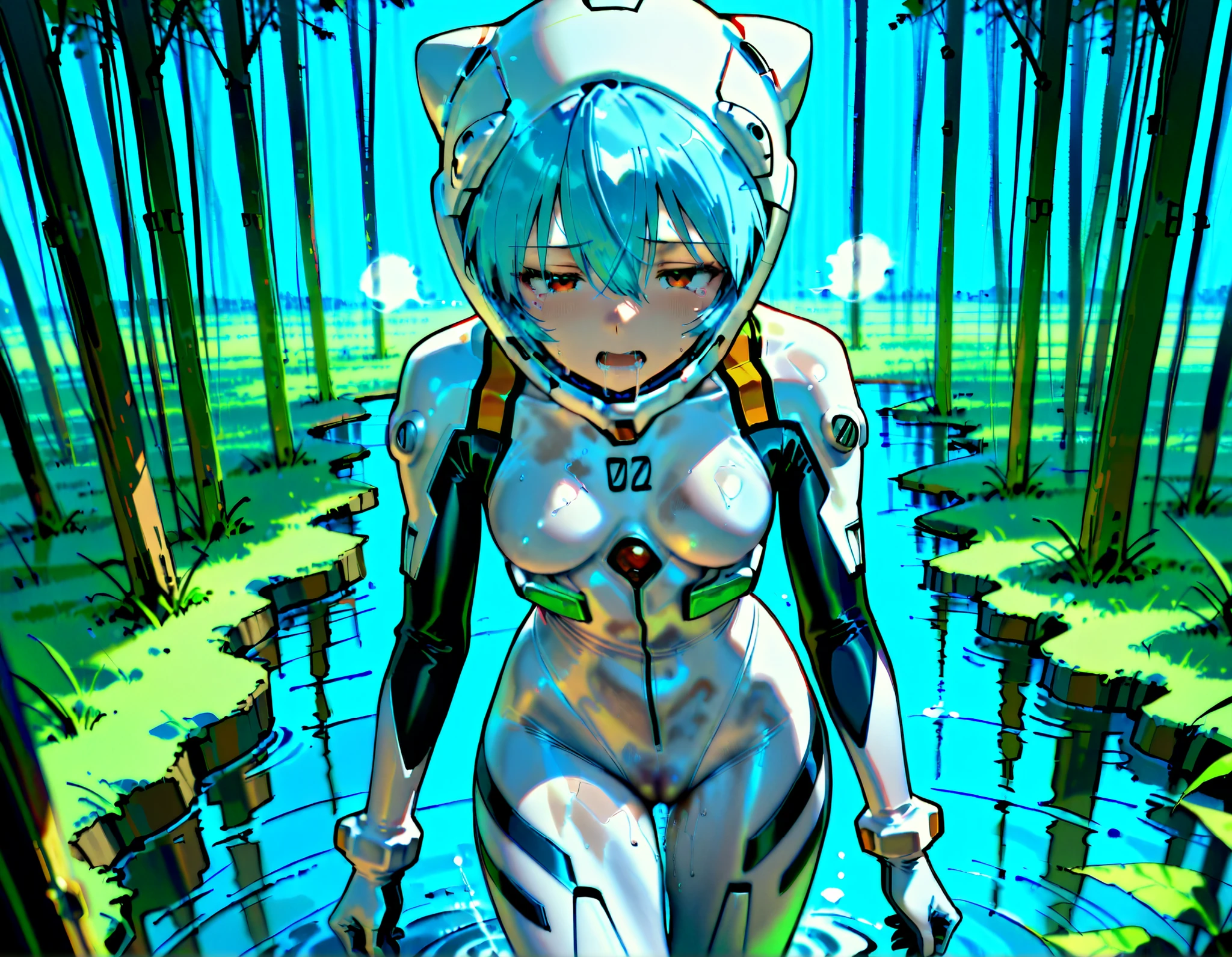 solo, evangelion art style, White plugsuit, skintight, tight fit, small breast, Rei Ayanami, red eyes, blue hair, Short hair, cute face, lovely face, white-skinned pretty girl, Short stature,Mass sweat,covered in sweat,steam, wet_skin, sweatdrop, A huge amount of tears, I even have a runny nose, Drooling, Sweating profusely, Wrapped in steam, Tired look, bleary eyes, Open your mouth, Half-closed eyes,rough breathing, Heavy Breathing, wince expression,struggling for breath, walking, , wading, muddy swamp, dirty costume, wet crotch, (eva helmet,full face helmet, White helmet,glass helmet, face visible through helmet, space helmet, PLUGSUIT HELMET:1.1), ,