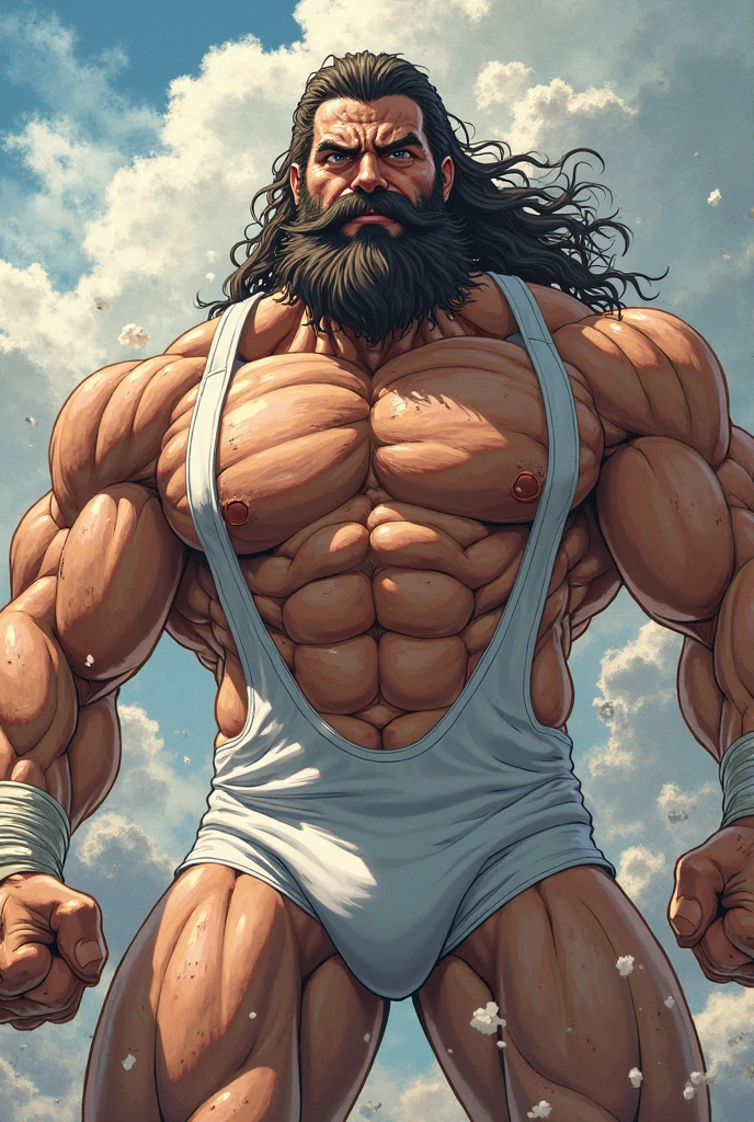An oil painting of Zeus, god of Olympus, handsome, long straight nose, white beard, dark eyebrows, robust, sinewy muscles, shirtless, wearing a white thong, sitting with legs open, wet white thong, almost see-through wet thong, big bulging crotch, visible dickprint, wet hungry cunt, smiling, big hairy pecs, front view, mount Olympus in background, by Frank Frazetta, by Boris Vallejo, by Louis Royo