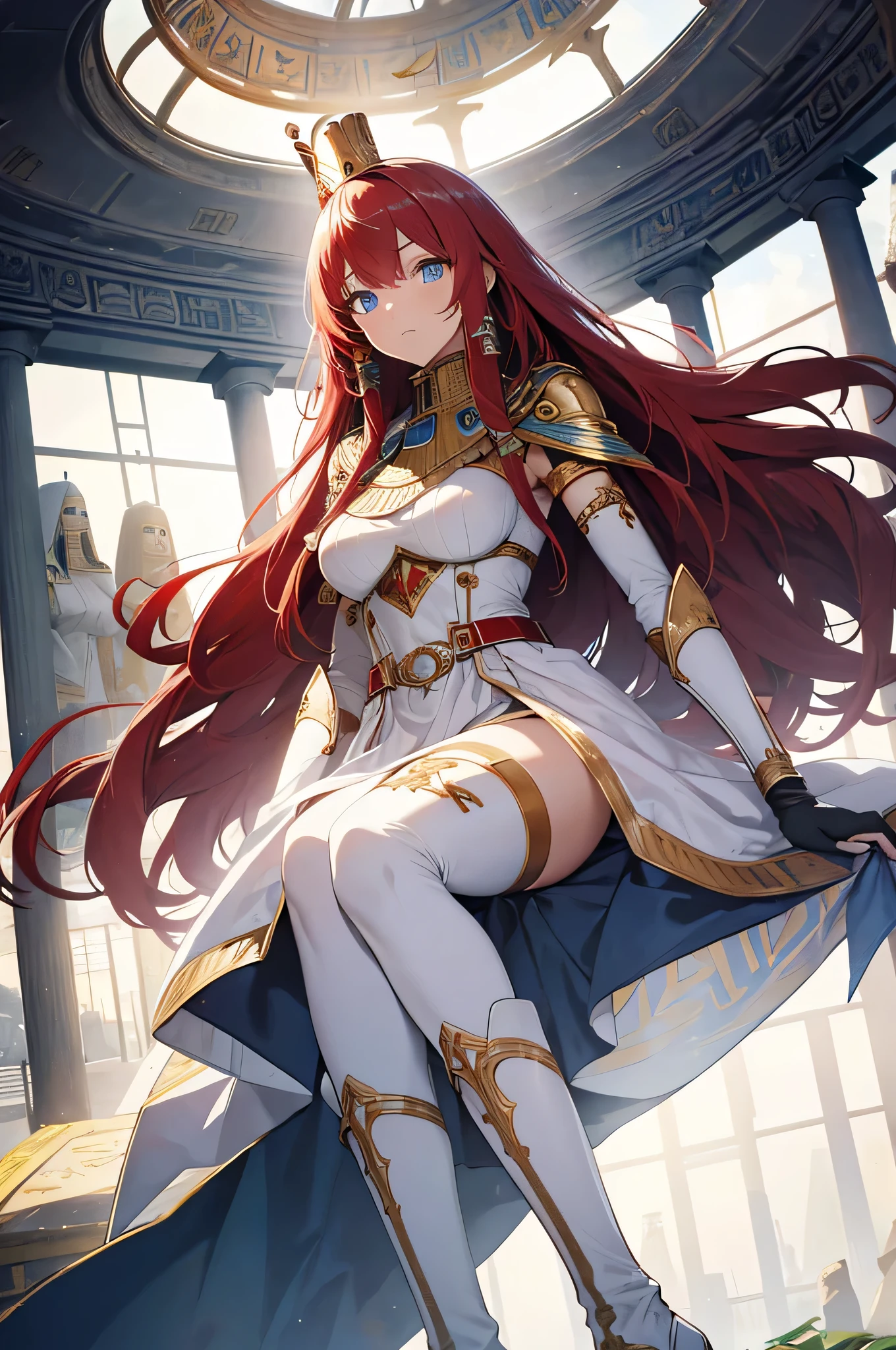4k,High resolution,One Woman,Red Hair,long hair,Green Eyes,Big Breasts,Brave,White high leg leotard armor,White boots,Jewelry decoration,Long sword,Medieval village