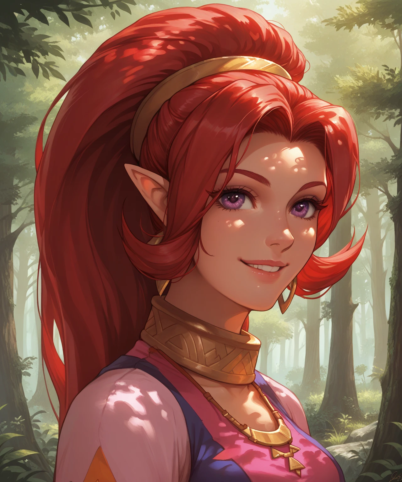 best quality, masterpiece, (leaning over:1.4), 1girl, yuzuriha_(jigokuraku), purple hair, brown eyes, ninja, open clothes, cleavage, small breasts, topknot, medium hair, breasts apart, seductive smile, pants, undressing, (blush:1.1), japanese ext,In the image, you see an animated and colorful lion sitting on top of a large rock. The lion has a lush, shiny mane with vibrant colors like orange, blue and green. Their eyes are large and expressive, conveying a curious and friendly look. The lion has a wide smile and a black nose. Its front paws rest firmly on the stone, while its tail swings excitedly around. The stone under the lion is large and sturdy, with a rough texture and a few cracks. She has shades of brown and gray, contrasting with the bright colors of the lion. Around the stone, there are some colorful flowers and some green leaves, adding a touch of nature to the scene. The sky above is light blue, with fluffy white clouds gently floating by. There is a smiling sun shining brightly, illuminating the scene and highlighting the lion's vibrant colors. In the background, you can see a verdant landscape, with trees and distant mountains.erior, temple,