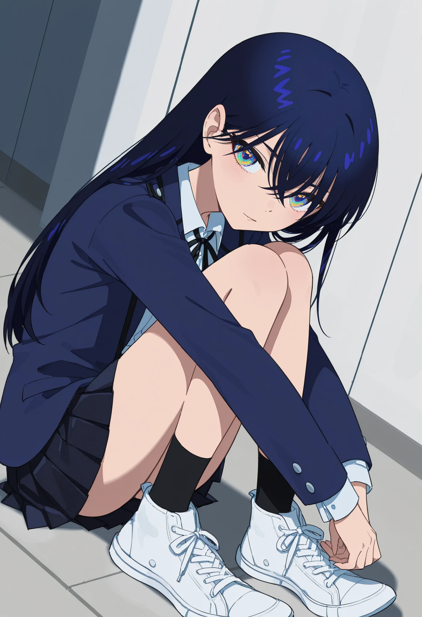 solo、 meow、 Slim、long hair、hair between eyebrows、bangs、鈍いbangs、dark blue hair with coke、colorful eyes、dark blue jacket、black ribbon、Pleated Skirt、uniform、Black Sox、  white shoes  、