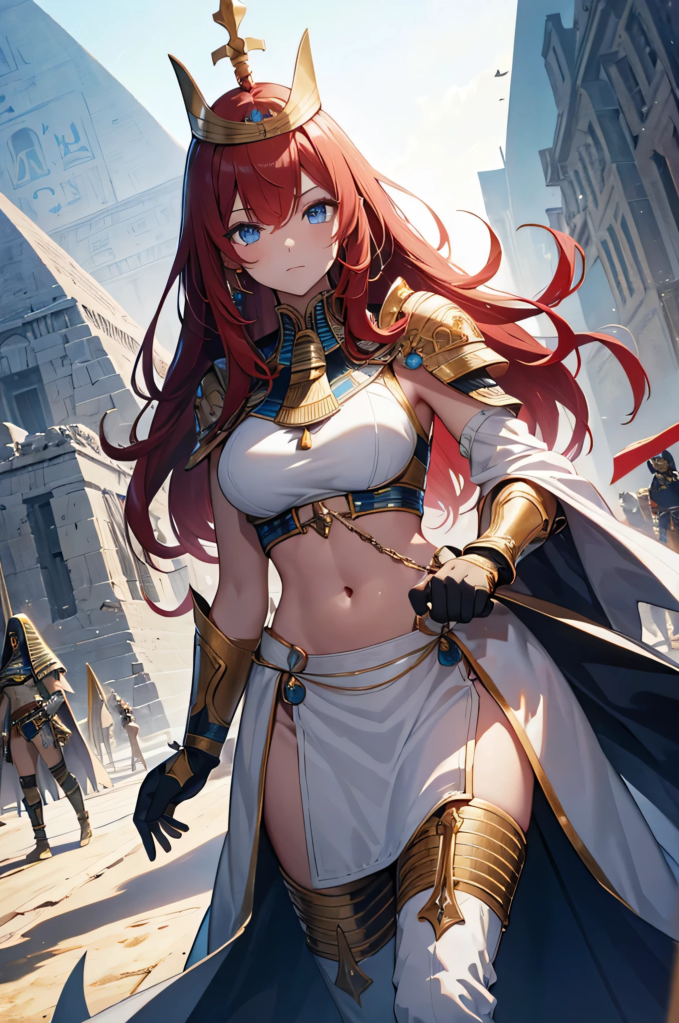 Design a full-length anime-style female character with a look inspired by medieval chivalry. This redhead warrior has long, silky hair that falls in waves to the middle of her back. Her almond-shaped eyes shine an intense golden color, reflecting her bravery and determination. She wears an erotic and elegant micro bikini-style armor typical of the anime. The polished metal of her armor stands out, decorated with intricate engravings that tell the story of her exploits. A red cloak flutters gracefully from her shoulders, symbolizing her courage in battle. At her waist, she carries a finely forged sword, wielded with confidence. Her mischievous and determined look on her face shows that she is a skilled and cunning warrior. Despite her strong appearance, she also displays traits of femininity in small details, such as delicate ornaments on her armor and jewels that shimmer in the light. The design of this character seeks to balance the strength of a warrior with the grace and elegance of the anime style, thus creating a unique and memorable figure.